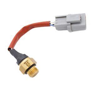 Nissan Figaro Radiator Fan Switch Showing Brass Fitting, Red Cable Protector and 3 Pin Grey Plug
