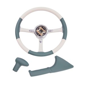 Nissan Figaro Leather Steering Wheel Package; Steering Wheel Trimmed in 2 tone Green/Ivory Leather, Hand Brake Cover and Gear knob Trimmed In Green Leather