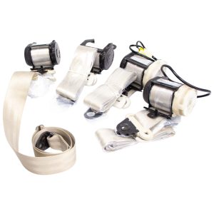 Nissan Figaro Seat Belt Set With Re-Webbed Ivory Colour Webbing showing all 4 Seat Belts