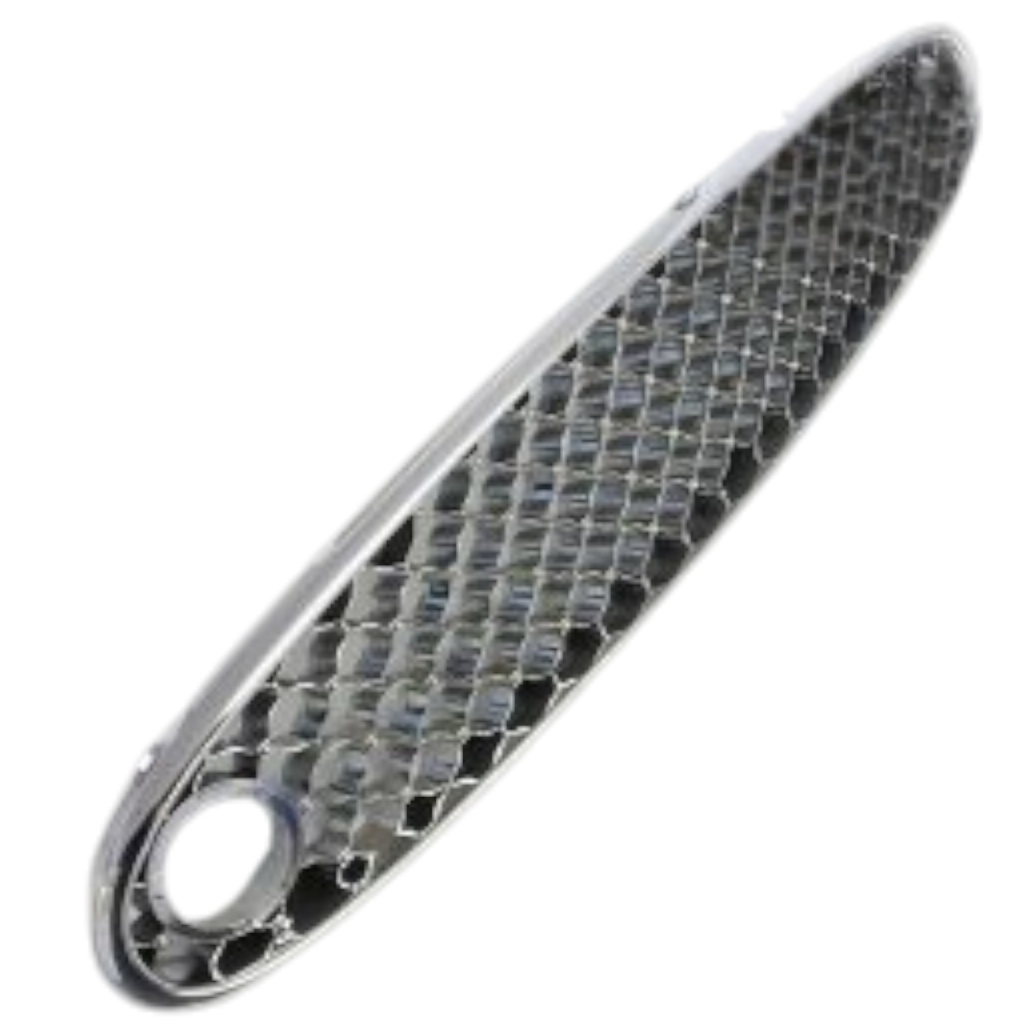 Nissan Figaro Chrome Front Grille In Extended Oval Shape With Grille Indicator Holes Wither Side And Diamond Lattice Mesh - Angled View
