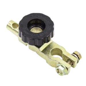 Battery Isolator In Brass Plated Colour with Black Plastic Turn Wheel Showing Terminals