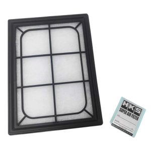 HKS White Air Filter Front View Showing Black Plastic Bracing and Silver Metallic HKS Air Box Lid Decal