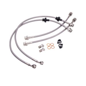 Stainless Steel Braided Brake Hose Set of 4 with Stainless Steel Banjo Fittings and Hardware Kit