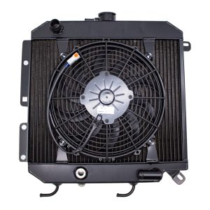 Nissan Figaro Dual Core Uprated Aluminium Radiator In Black Powder Coat Finish With Performance Slim Line Fan Fitted - Rear View
