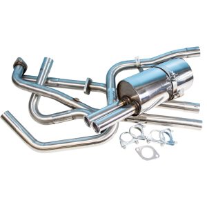 Nissan Figaro Stainless Steel Exhaust System Showing Polished Back Box with Twin Tail Pipes, 4 connecting pipes and Hardware With Fitting Kit