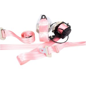 Nissan Figaro Custom Coloured Seat Belt Set In Pink Showing Front And Rear Reel With Wiring Loom