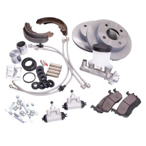 Nissan Figaro Brake Overhaul Kit Comprising Of 2x Front Discs (Vented) 1x OEM Equivalent Front Pad Set 2x Front Caliper Rebuild Kits 2x Rear Brake Drums (OPTIONAL) 1x OEM Equivalent Rear Shoe Set 2x Rear Brake Cylinders 1x Brake Shoe Fitting Kit 1x Genuine Nissan Brake Master Cylinder 1x Figaro Shop Stainless Steel Brake Line Set