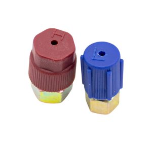 A/C Valve Conversion Pair With Yellow Zinc Plated Bodies And Red Cap And Blue Cap Protectors