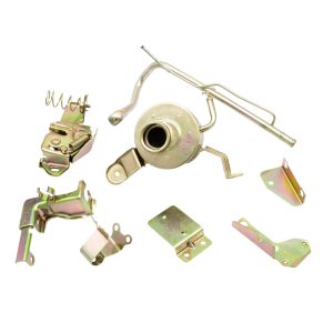 Nissan Figaro Yellow Zinc Plated Engine Bay Kit With Power Steering Reservoir, Throttle Cable Bracket, Turbo Water Feed Pipe, Hood Catch, Coil Brackets And Injector Ballast Bracket