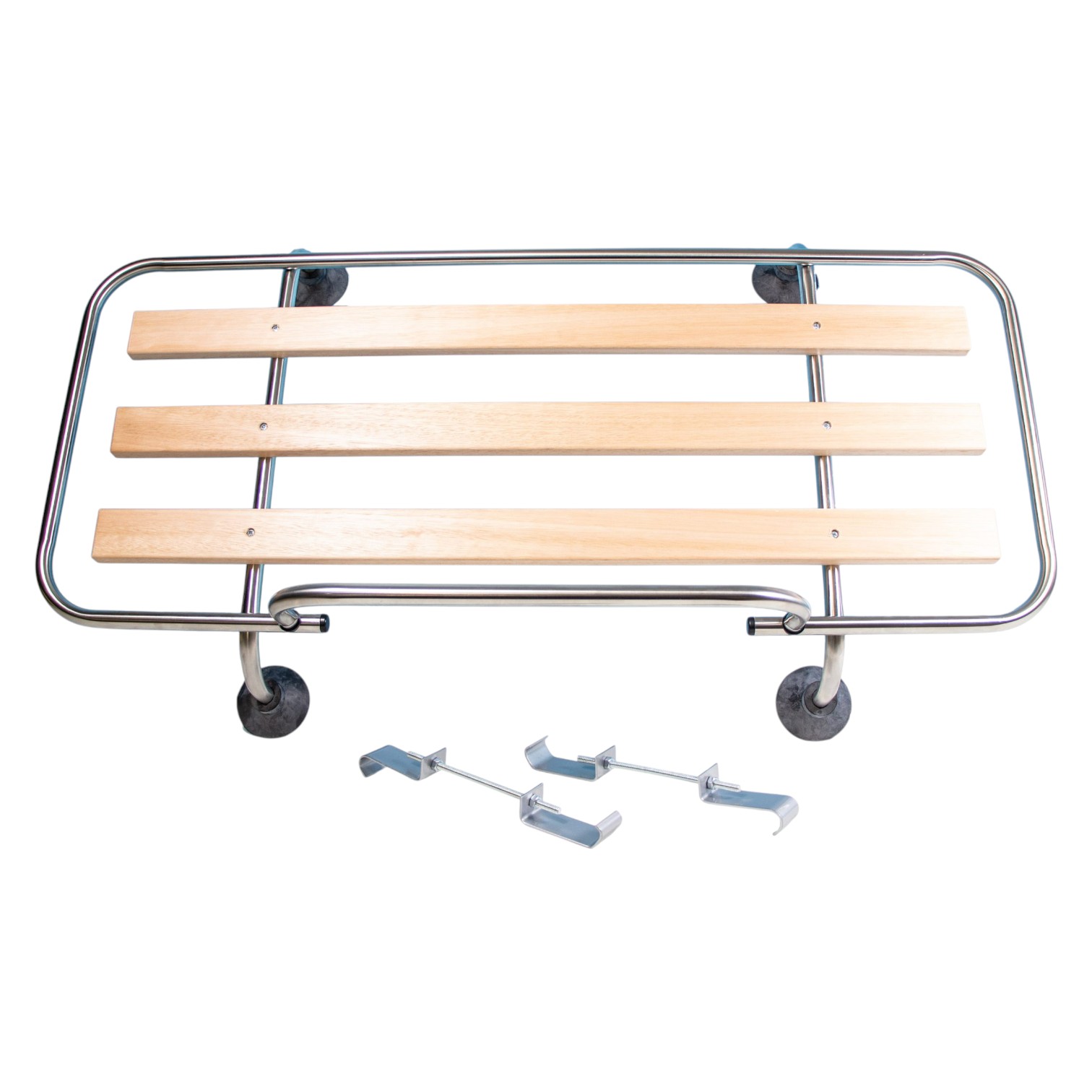 Stainless Steel Luggage Rack with Horizontal Wooden Slats, over bar and x2 Side Mounted Fitting Kit Brackets