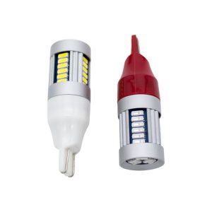 Nissan Figaro White Emitting LED Reverse Light In Cylindrical Design With Multiple Yellow Coloured LED Chips With Double Wire Lower and Red Emitting Fog Light Bulb In Cylindrical Design With White LED Chips Both With Double Wire Base Connectors