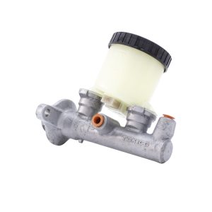 Nissan Remanufactured Brake Master Cylinder With White Reservoir, Black Cap, Cast Aluminium Cylindrical Body And Red Bungs In Both Output Ports