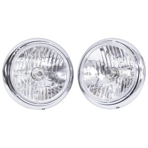 Pair Of Nissan Figaro Round, Clear Lensed Headlights With Chrome Surround Trims In LHD Format