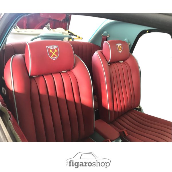 Pair of Fully Re-trimmed leather front Seats For The Nissan Figaro in Italian Leather With Bespoke West Ham Untied Claret and Blue Theme