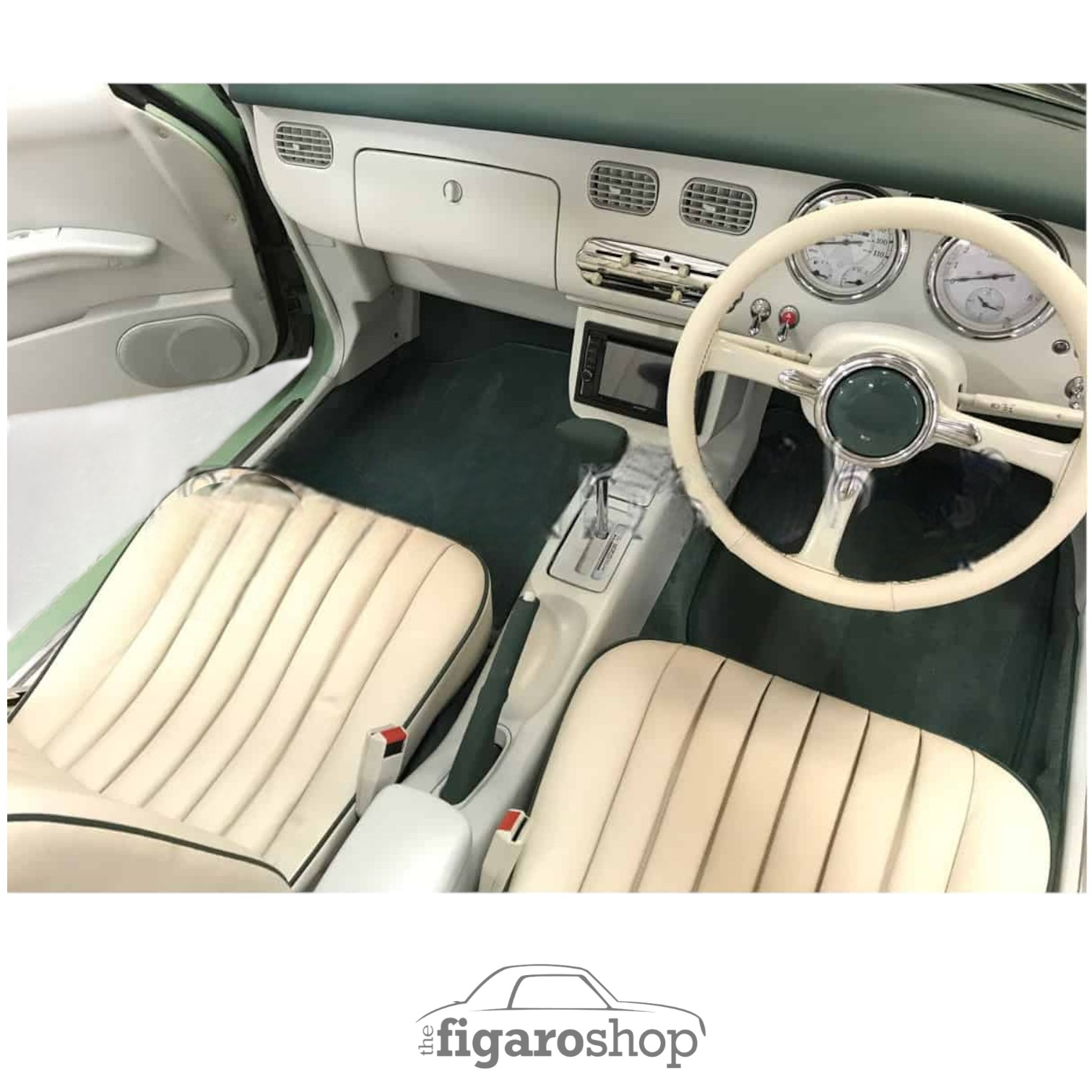 Green Nissan Figaro Carpet Set Installed In Vehicle - Front Compartment