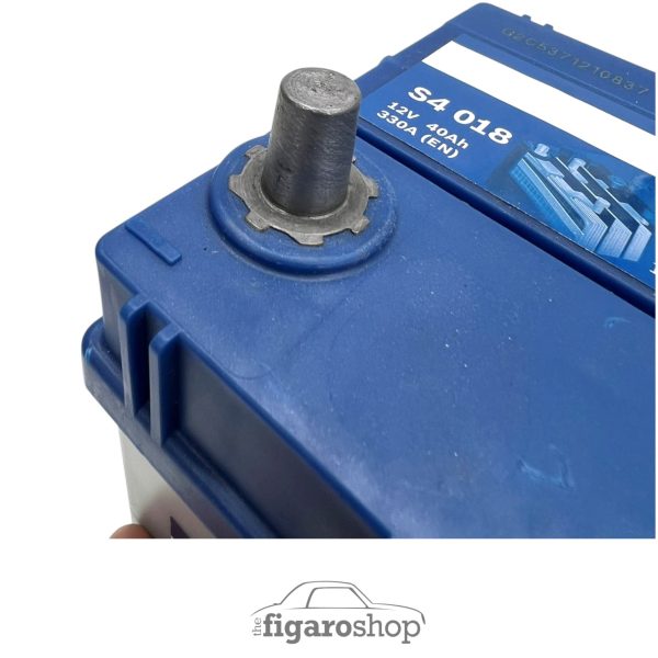 Bosch Battery For Nissan Figaro With Blue Top Showing Small JIS Negative Terminal