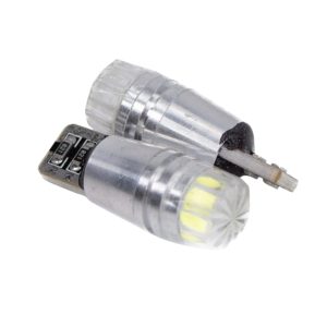 Pair of LED Sidelight Bulbs With Silver Aluminium Bases and Clear Ribbed Lenses Showing Yellow LED Chip