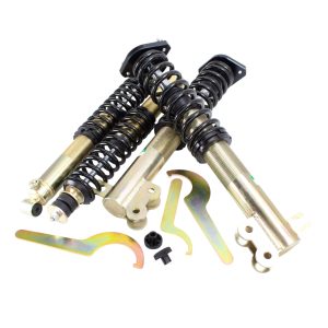 Nissan Figaro Yellow Zinc Plated Coilover Suspension Kit Comprising Of 4x Coilover Springs Over Shocks With Black Adjustable Threaded Platforms, Black Top Mounts, Adjuster Keys and Black Plastic Adjuster Knobs
