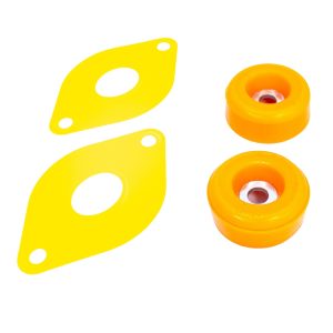 Polyurethane Top Mount Insert Kit Comprising Of x2 Round Orange Inserts With Silver Integrated Washer Plus x2 Yellow Oval Gaskets With Central Hole And x2 Bolt Holes