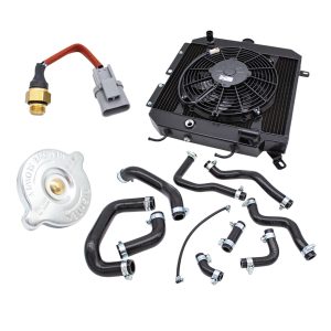 Ultimate Cooling Package Comprising Of A Black Aluminium Dual Core Radiator, Black Silicone Hoses, Radiator Cap and Brass Fan Switch With Grey Plug