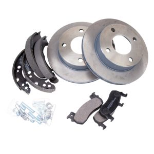 Brake Friction Upgrade Kit including a pair of brake discs/rotors, performance front brake pads, EBC brake shoes and shoe fitting kit