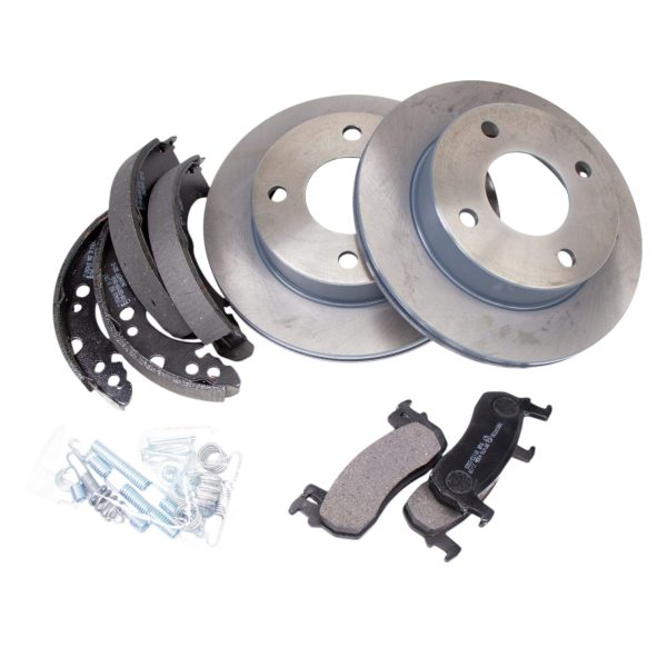 Brake Friction Upgrade Kit including a pair of brake discs/rotors, performance front brake pads, EBC brake shoes and shoe fitting kit