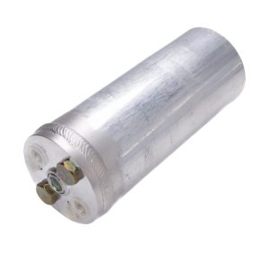 Nissan Figaro Cylindrical A/C Receiver Drier In Silver Aluminium Construction With 2 Green O Rings And 2 Yellow Zinc Bolts On Top Of Cylinder
