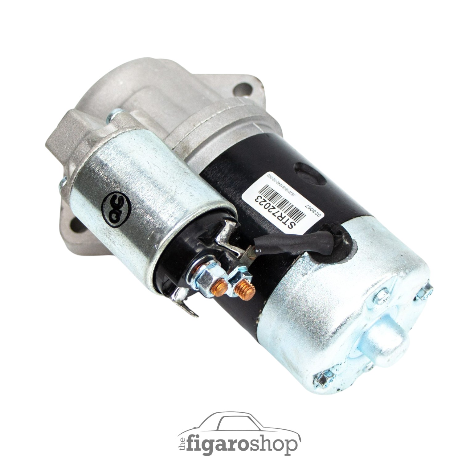 Nissan Figaro Starter Motor With Silver End Cover, Black Motor Casing and Silver Zinc Plated Remote Mounted Solenoid Angled View
